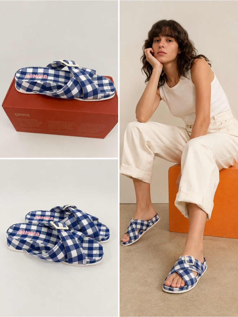 Camper Atonic Navy Gingham Platform Slides Buckle Plaid Sandals US7 & 8 New